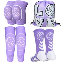 Youth Volleyball Gears - Knee Pads, Arm Sleeves, Socks & Drawstring Bag for Youth, Teen Girls Volley-Ball Training and Games ( Purple, Small )
