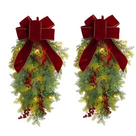 Haute Decor Set of 2 Pre-lit Classic Christmas Chairback Swags with Timed Soft White LED Lights - Pair of Christmas Chair Swags