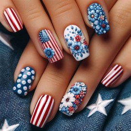 Independence Day Press on Nails Medium Square Fake Nails with Blue Flower American Flag Designs 4th of July Nails Press ons Glossy Glue on Nails White False Nails Red Stick on Nails for Women 24Pcs