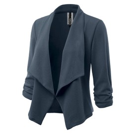 FASHIONOLIC Women's Stretch 3/4 Gathered Sleeve Open Blazer Jacket (Made in USA) (CLBC001) Charcoal 2X