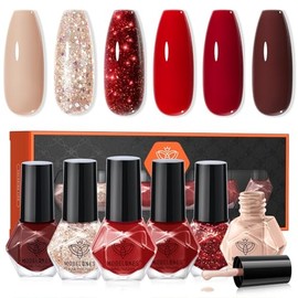 Modelones - Juego de esmaltes de uñas de secado rápido, 6 colores, rojo, nude, dorado y purpurina | Valentines Brwon Sparkle Mini Manicure Kit DIY Nai