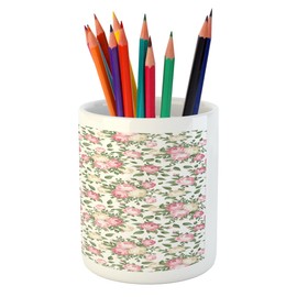 Lunarable Flower Pencil Pen Holder, Roses Rosebuds Leaves Bouquet Flower Arrangements Bridal Victorian Style, Printed Ceramic Pencil Pen Holder for Desk Office Accessory, Pink Green Ivory White
