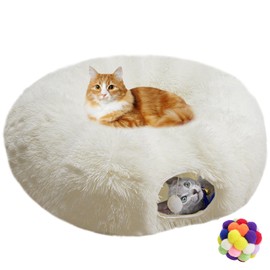 Naielfopet Indoor Cat Tunnel Bed, Soft Round Cute Cat Donut Tunnel, Multifunctional Cat Playground Toys with Washable Circle Cushion, Pet Play Tunnels Toy for Kitten/Puppy/Rabbit/Ferret (White)
