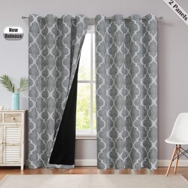 Beauoop Print Bedroom Curtains 95 Inches Long 95% Blackout Window Curtain Panels Moroccan Geo Thermal Insulated Drapes Quatrefoil Grommet Top Window Treatment Set, 52 by 95 Inch, Gray (2 Panels)