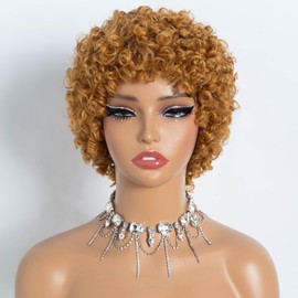 Style Icon Short Afro Curly Hair Wig for Black Women Human Hair Pixie Cut Afro Curl Wig Full and Fluffy Natural Looking Glueless Wear to Go Gold Color (S144)