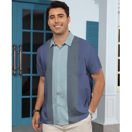 KYKU Bowling Shirts for Men Button Up Short Sleeve Mens Shirts 1950s Retro Clothing Blue L