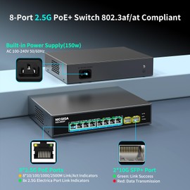 10 Port 2.5Gb PoE Switch Unmanaged with 8 Port 2.5G Base-T PoE+@130W + 2 x 10G SFP+ Uplink, NICGIGA 8 Port 2.5Gbe IEEE802.3af/at Power Over Ethernet Switch, Support WiFi6 AP, NAS, 4K PoE Camera NVR.