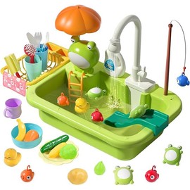 CUTE STONE Play Sink with Running Water, Kitchen Sink with Upgraded Electric Faucet, Play Kitchen , Realistic play set learning cookingset Plastic Toy:_Orange