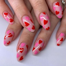Valentines Press on Nails Medium Almond Fake Nails With Red Pink Heart Designs Romantic False Nails Glossy Glue on Nails Full Cover Artificial Stick on Nails for Women 24 Pcs