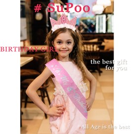 SuPoo 8th Birthday Girl Headband Crown & Birthday Sash Set 8th Birthday Decorations for Girl Flower Princess Tiara Glitter Pearl Hair Band 8 Year Old Happy Birthday Party Accessory
