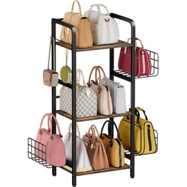Tuohours 3-Tier Purse Organizer Rack, Iron & Wood Floor-Standing Bag Storage Holder with Adjustable Side Basket and Hook Handbag Organizers Display Stand Shelf for Closet, Bedroom, Entryway, Black