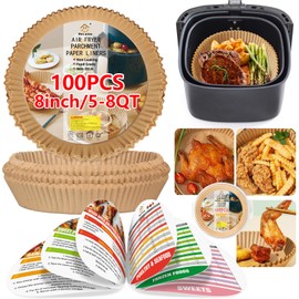 Air Fryer Liners Disposable, 100 Pcs 8 Inch Airfryer Liners, Non-Stick Parchment Paper Round for 5-8 QT with Air Fryer Cheat Sheet Cooking Guide Booklet, Air Fryer Cookbooks Recipes Accessories