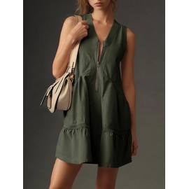 Fisoew Women's Sleeveless Tank Mini Dress Casual Half Zip V Neck Loose Mesh Back Utility Summer Dresses with Pockets Army Green