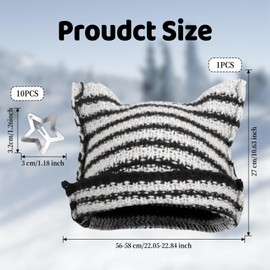 Knitted Striped Cat Ears Hat, Vintage Y2K Cat Ears Crochet Hat, Trendy Casual Winter Cat Ears, Grunge Cat Ear Wool Hat, with 10 Star Hair Clips for Women Streetwear, Ferrous