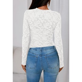 PRETTYGARDEN Women's 2025 Fall Long Sleeve Lace T Shirts Crewneck Silm Fit Embroidered Fashion Mesh Tops Shirts(White,Large)