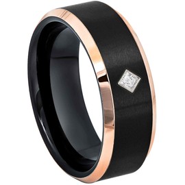 0.05ct Princess Cut Moissanite Cobalt 8mm Wedding Band - Matte Black & Rose Gold IP Beveled Edge Cobalt Ring Anniversary Band April Birthstone