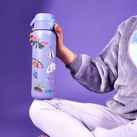 Ion8 Vacuum Insulated Steel Water Bottle, 500 ml/18 oz, Leak Proof, Easy to Open, Secure Lock, Dishwasher Safe, Fits Cup Holders, Carry Handle, Scratch Resistant, Metal Water Bottle, Butterfly Design