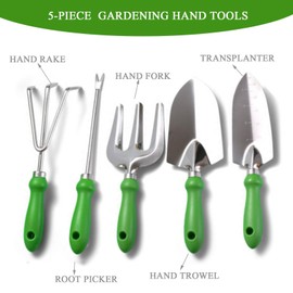 5 pcs Gardening Tools, Hand Tool Set Included Broad Trowels, Pointed Trowels, Root Picker, Rake, Fork Perfect for Gardening Enthusiasts and Gardeners