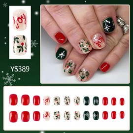 24 Pcs Christmas Press on Nails Extra Short Square Snowflake Fake Nails with Leaf Designs Stick on Nails Winter Red Green Glossy False Nails Full Cover Acrylic Nails for Women Nails Manicure Decor