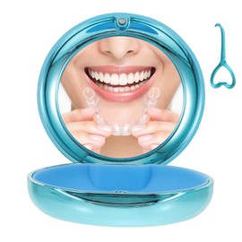 Retainer Case with Mirrior, Galvanise Cute Design Retainer Holder Case, Slim Aligner Case with Removal Tool, Convenient Orthodontic Case Compatible with Invisalign/Night Guard/Mouth Guard (Blue)