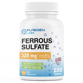 Puregen Labs Ferrous Sulfate 325 mg (65 mg Elemental Iron) High Potency Iron Supplement | No Artificial Color Additives - 200 Tablets Made in USA