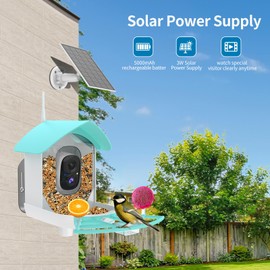 Gyozol Smart Bird Feeder with Camera,AI Identify Birds Breed,Solar Powered WiFi FHD 2K Live View Camera,Auto Capture Video,Backyard Garden Bird Watching,Motion Detection,Cloud and SD Card Storage,Blue