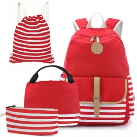 Joyfulife Girls Backpacks, School Backpack for Girls Lightweight Canvas Backpack Student Bookbags Stripe Backpack with Lunch Box 4 in 1