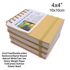 Mini Watercolor Paper Pads, 4x4", 3Pack, Kraft Hardcover Sketch books, 140lb/300gsm Heavyweight Cotton Paper, Spiral Bound, Cold Pressed, Dual-sided(Smooth&Texture),Painting Paper for Artists Students