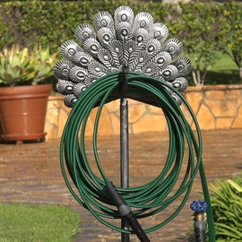 Bernini Peacock Garden Hose Holder, Freestanding Metal Water Hose Holder, Decorative Hose Holder Can Easily Coil Over 100ft of Hose, Beautiful Hose Holder Stake For Outside, Painted Metal Hose Holder