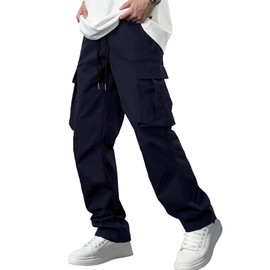 Comdecevis Men's Casual Cargo Pants Workout Joggers Stretch Sweatpants Hiking Drawstring Tactical Pants with Multi Pockets Blue