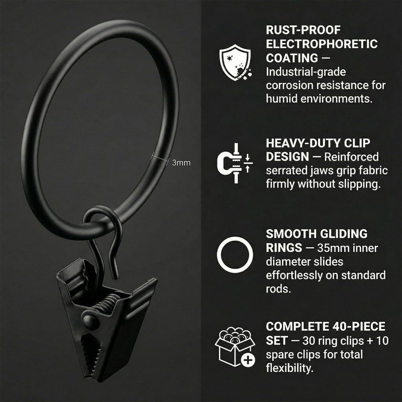 40 PcsCurtain Rings with Clips, 35mm Black Metal Curtain Hoops,