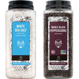Soeos Himalayan Sea Salt, 39 oz (2.4 lb) + Whole Black Peppercorns, 18oz (1.1 lb) White Himalayan Salt Coarse Grain, Whole Black Peppercorns, White Salt in Grinder, Salt and Pepper Refill