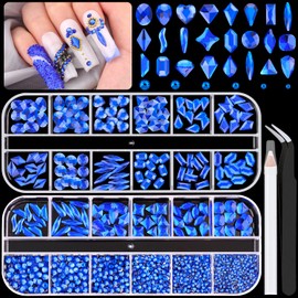 1680Pcs Royal Blue Glass Nail Rhinestones 180Pcs Multi Shapes Flatback Nail Gems + 1500Pcs 1.5-4mm Round Crystal, Manicure Nail Charms Diamond Gemstones for Acrylic Nails Decoration