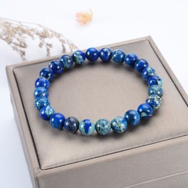 Cherry Tree Collection Semi Precious Gemstone Beaded Stretch Bracelet 8mm Round Beads 7" (Lapis Blue Aquaterra)