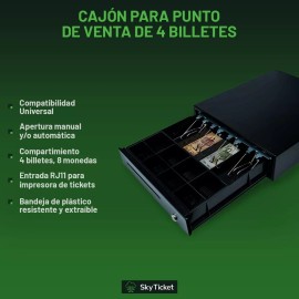 Sky Ticket Kit Punto De Venta Lector Barras Con Base Y Caja De Dinero