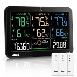 OBET Weather Station Wireless Indoor Outdoor Thermometer with 3 Sensors, Temperature Humidity Monitor with Alerts 500ft Range and 3 Adjustable Brightness