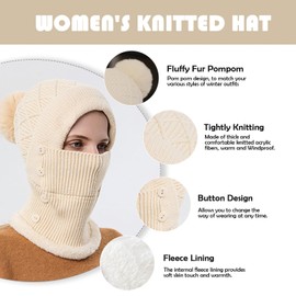 Women Winter Hat 2 in 1 Hat Scarf Set 3 Pieces Cycling Cold Weather Knitted Hat with Pompom Thick Neck Warmer Hat Mask Set Touchscreen Gloves and Thermal Socks for Skiing, beige