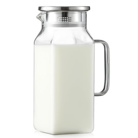 40 oz,1.2Liter Square Glass Pitcher with Lid and Spout, Breast Milk Pitcher with Handle for Fridge, Borosilicate Glass Carafe for Hot/Cold Drink, Small Jug for Iced Tea, Coffee,Water Storage Container