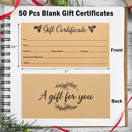 Pack of 50 Blank Kraft Gift Certificates - 3.5"x7" Kraft Paper Certificate Cards for Holiday Christmas Salon Restaurant Small Business