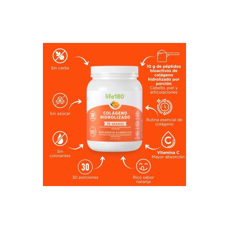 Life180 Colágeno Hidrolizado Polvo Sabor Naranja Paquete Piezas 450 Porciones