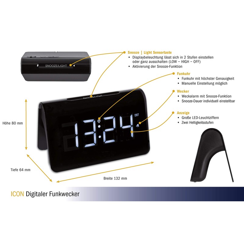TFA Dostmann ICON 60.2543 Digital Radio-Controlled Alarm Clock, Plastic, Black,