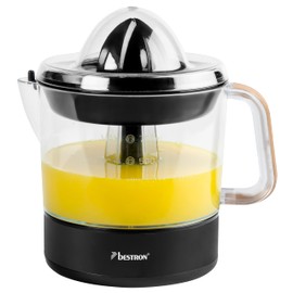 Bestron Electric Citrus & Orange Squeezer, Includes 2 Press Cones and Aroma Lid, Motor with Two Directions of Rotation (Left/Right), Capacity: 0.7 Litres, Black & Wood Collection, Colour: Black/Wood