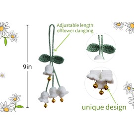 Mirror Hanging Car Accessories,Cute Little Lily of The Valley,Handmade Knitted Rear View Mirror Pendant Ornament, Home Decorative Decorations Key Chains (White)
