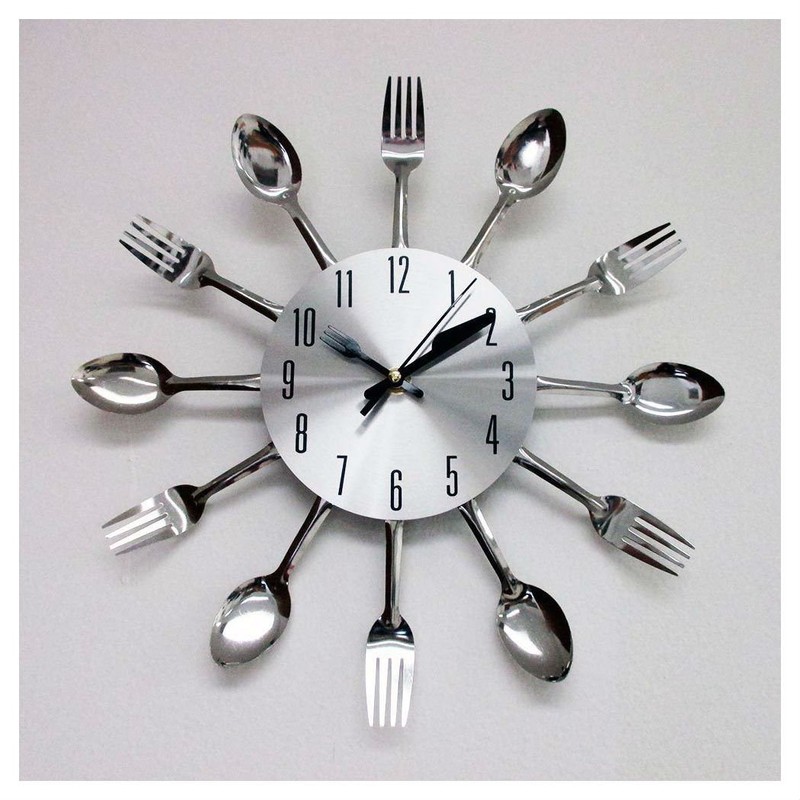 Modern Design Silver Cutlery Kitchen Utensil Clock Spoon Fork Knife