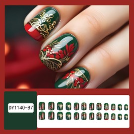 Vezocim Press on Nails Short Square-24Pcs Glossy Full Cover Acrylic Green False Nails with Red Floral Designs Artificial Extra Short Square Fake Nails with Glue Stick on Fingernails for Women Girls