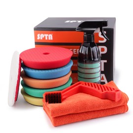 SPTA 10 Pcs Detailing Set, 5Pc 5 inch Buffing Polishing Pads, 1 Microfiber Finish Pad, 1-16 oz Polishing Cleaner, 1 Conditioning Brush, 2-16"*16" Microfiber Towel. for Dual Action and Rotary Polishers