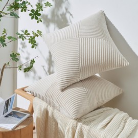 Topfinel Set of 2 Cushion Covers, 55 x 55 cm, Cream Corduroy Windmill Stripes Pattern, Striped Pattern, Couch Cushion Covers, Decorative Cushion Covers, Decorative Cushion Covers for Sofa