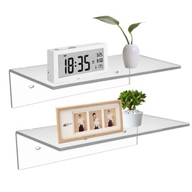 Sezanrpt 12 Inches Clear Small Wall Shelves, Acrylic Bathroom Shelves for Wall, Floating Shelves for Living Room, Funko Pop Shelves, 2 Pack