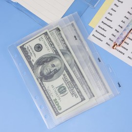 NatSumeBasics A6 Binder Dividers with Pockets and Tabs 12pcs Clear Cash Envelopes Zipless Binder Wallet Pouch and 2pcs Sticker Kit for 6 Ring Budgeting Accessories (12pcs A6)