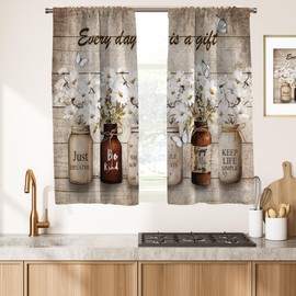 Farmhouse Kitchen Window Curtains Rod Pocket Retro Vintage Small Short Cafe Floral Botanical Inspirational Daisy Drapes 2 Pannels for Living Bedroom Decoration Thermal Insulated Decor 27.5X 45 inch